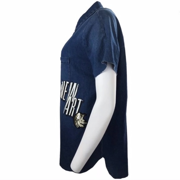 NWOT Zara denim snap shirt “new life” sequin patch - Picture 4 of 6